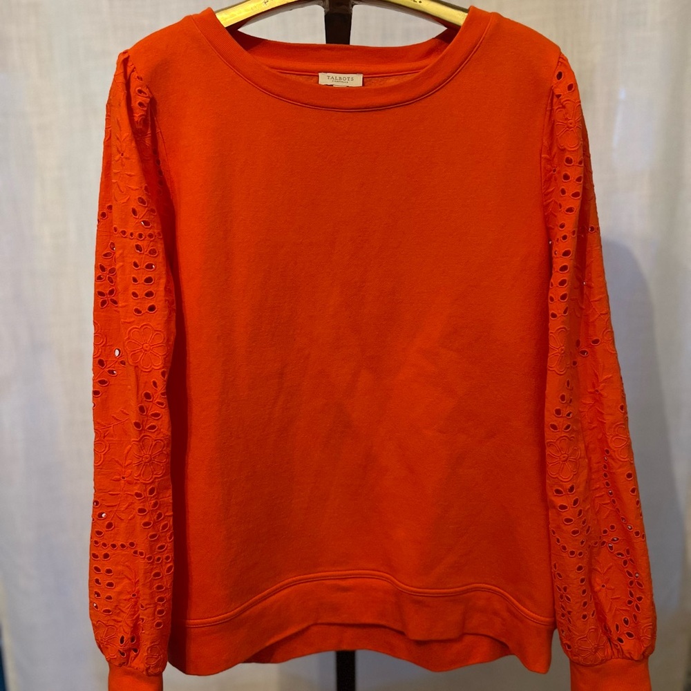NWOT Talbots Orange Eyelet Sleeve crew neck sweatshirt LARGE PETITE